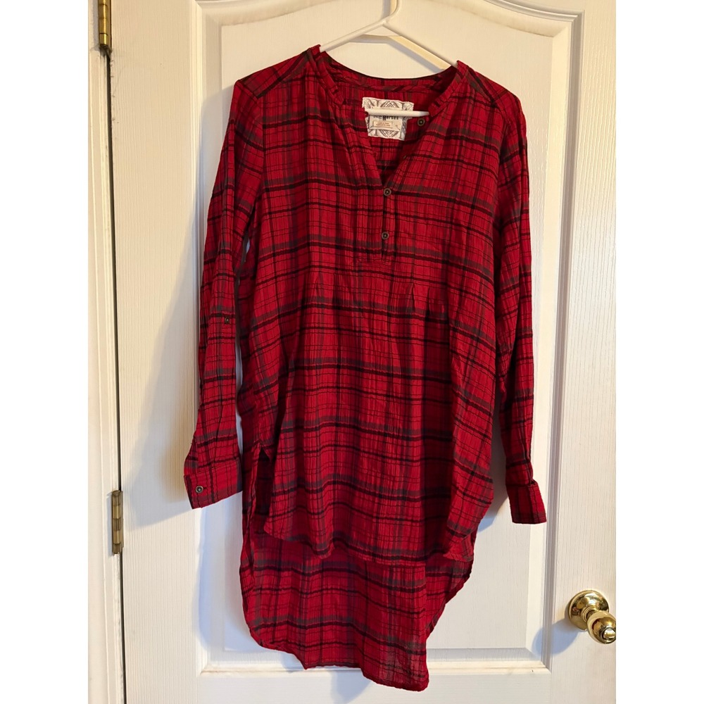 Holding Horses Plaid Tunic Women XS Red Mini Dress High Low Henley Anthropologie